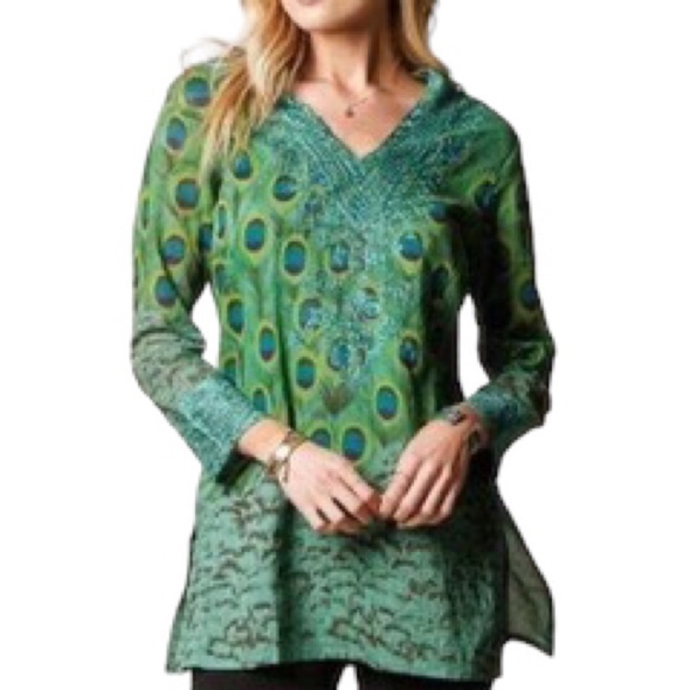 SOL Peacock Feather Print Embroidered Tunic Coverup